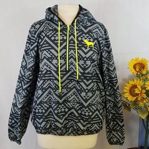 PINK Victoria Secert Black & Gray Aztec ½ Zip Hooded Windbreaker Jacket Small